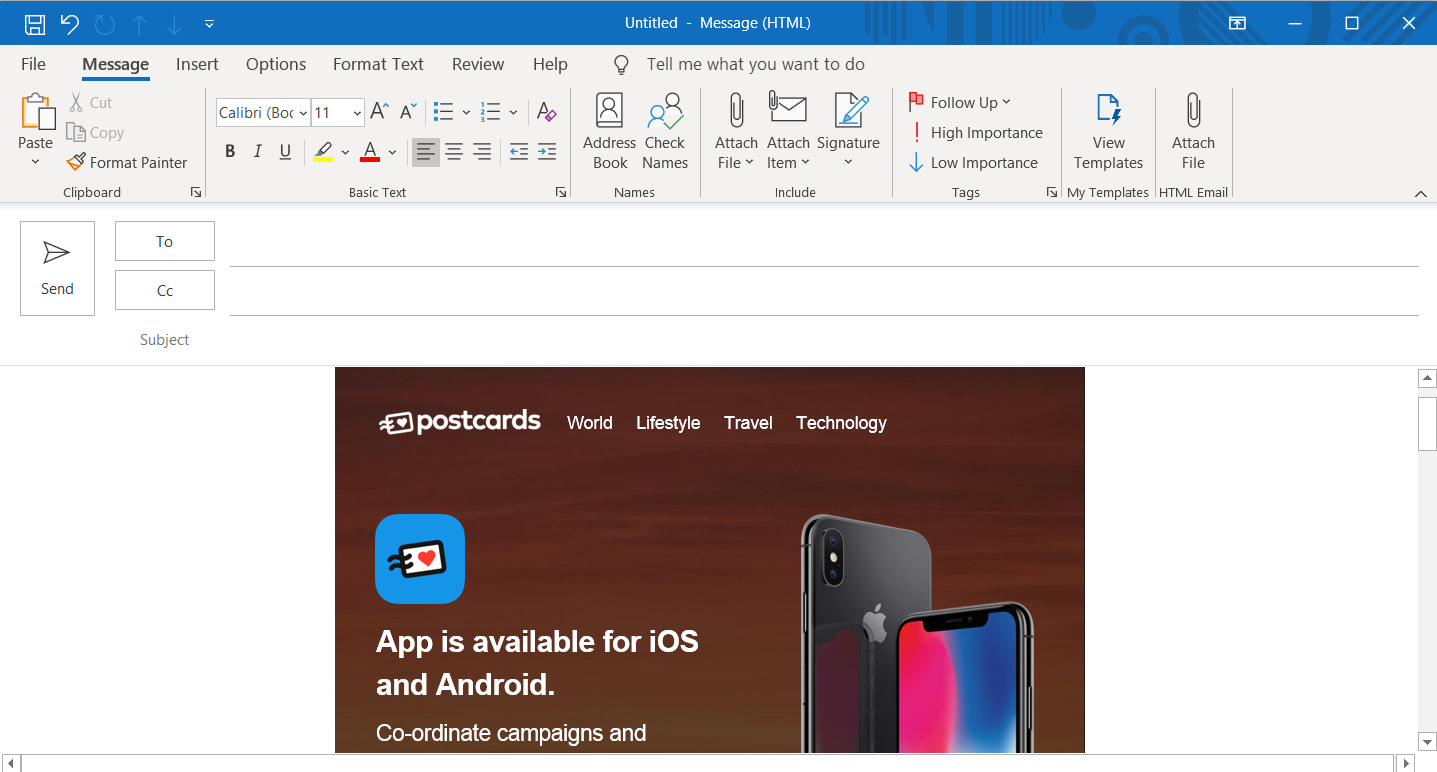 Postcards template in an Outlook 365 email